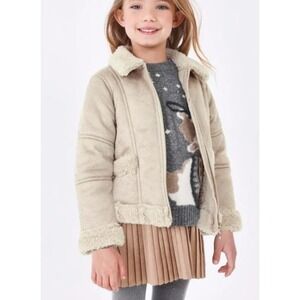 Mayoral Girls Faux‎ Shearling Jacket Size 4 Beige Cozy Polyester Outerwear